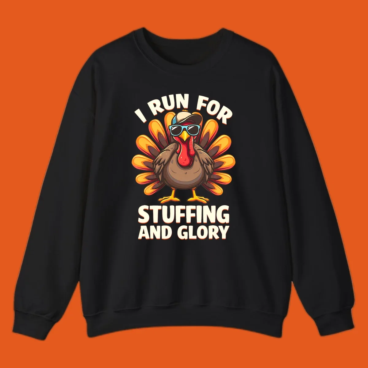 Illustration of a cool cartoon turkey with sunglasses and hat, text says "I Run For Stuffing And Glory", for Turkey Trot.