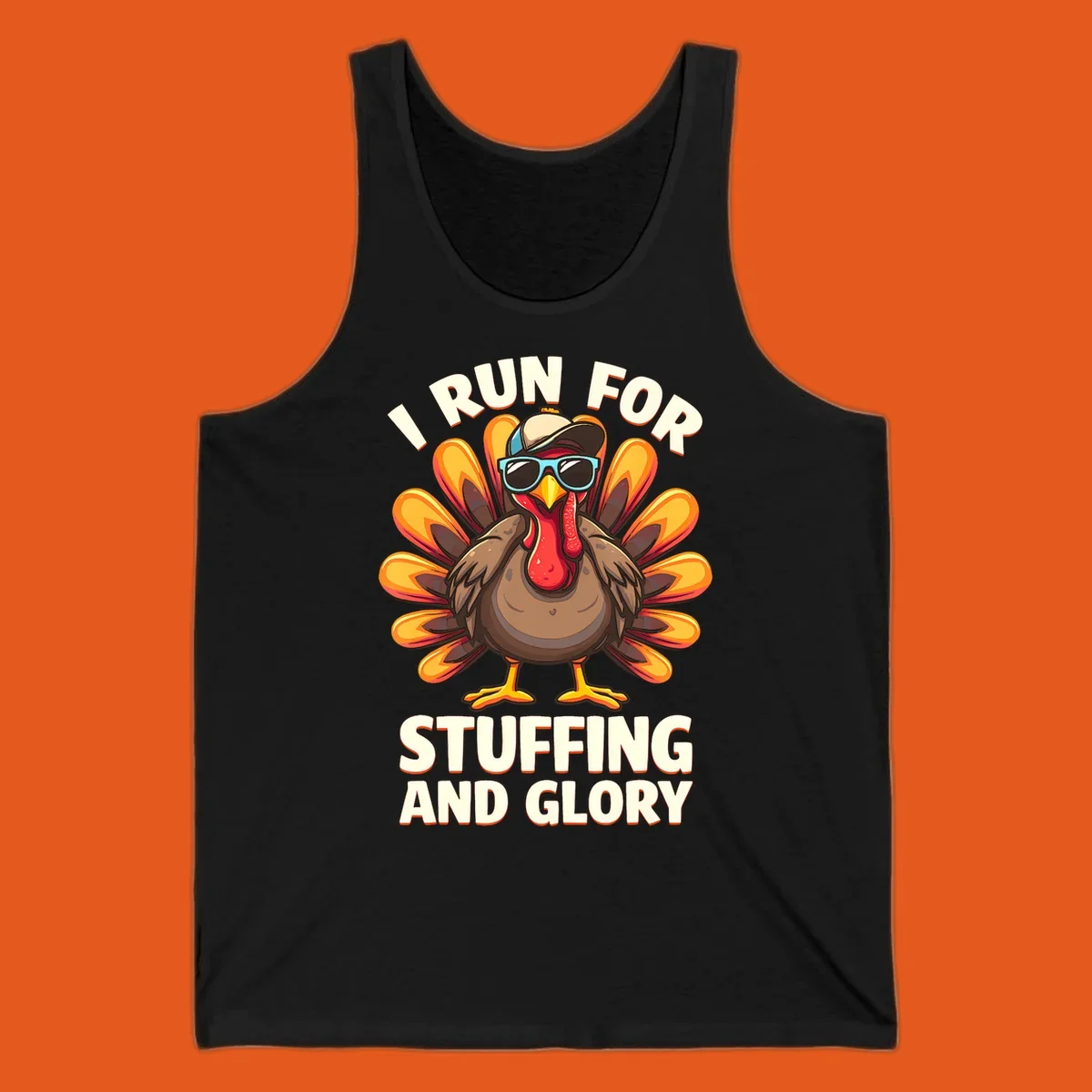 Illustration of a cool cartoon turkey with sunglasses and hat, text says "I Run For Stuffing And Glory", for Turkey Trot.