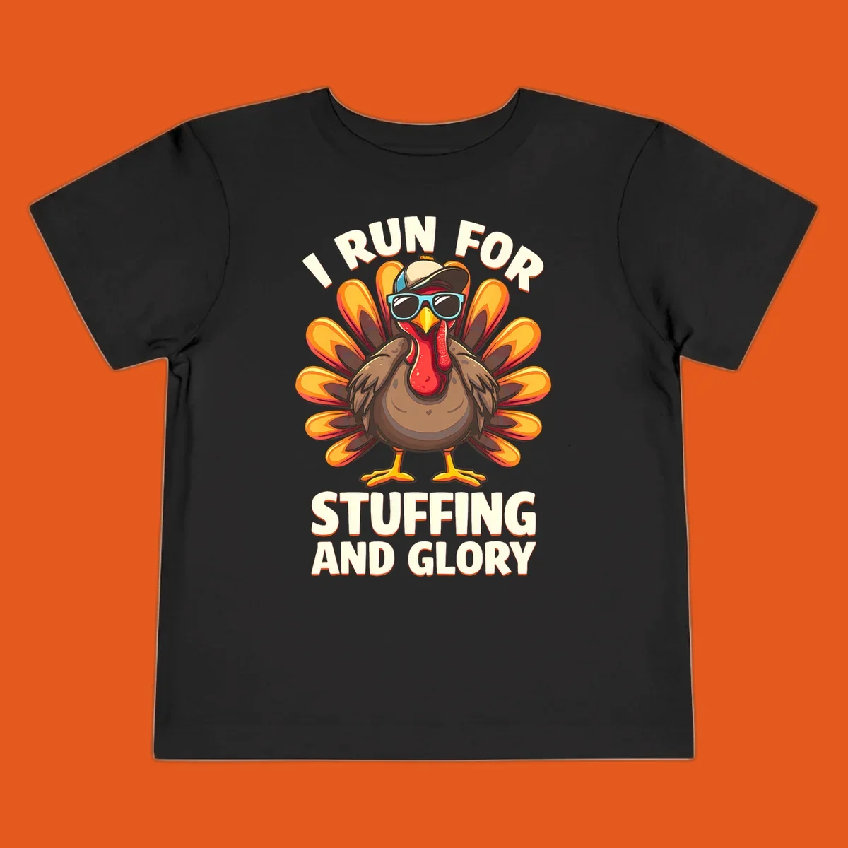 Illustration of a cool cartoon turkey with sunglasses and hat, text says "I Run For Stuffing And Glory", for Turkey Trot.