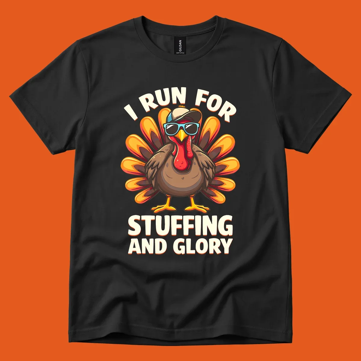 Illustration of a cool cartoon turkey with sunglasses and hat, text says "I Run For Stuffing And Glory", for Turkey Trot.
