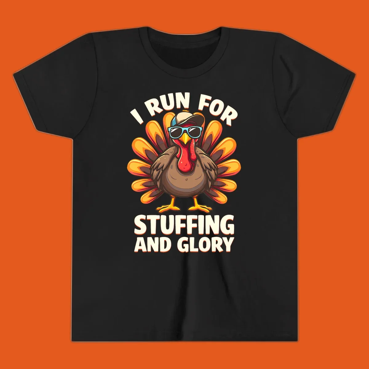 Illustration of a cool cartoon turkey with sunglasses and hat, text says "I Run For Stuffing And Glory", for Turkey Trot.