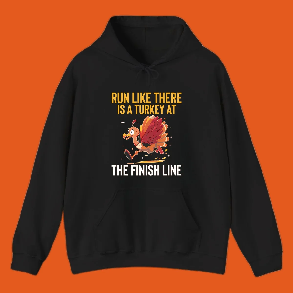 Illustration for a turkey trot run with a cartoon turkey and text that says 'Run Like There Is A Turkey At The Finish Line'.