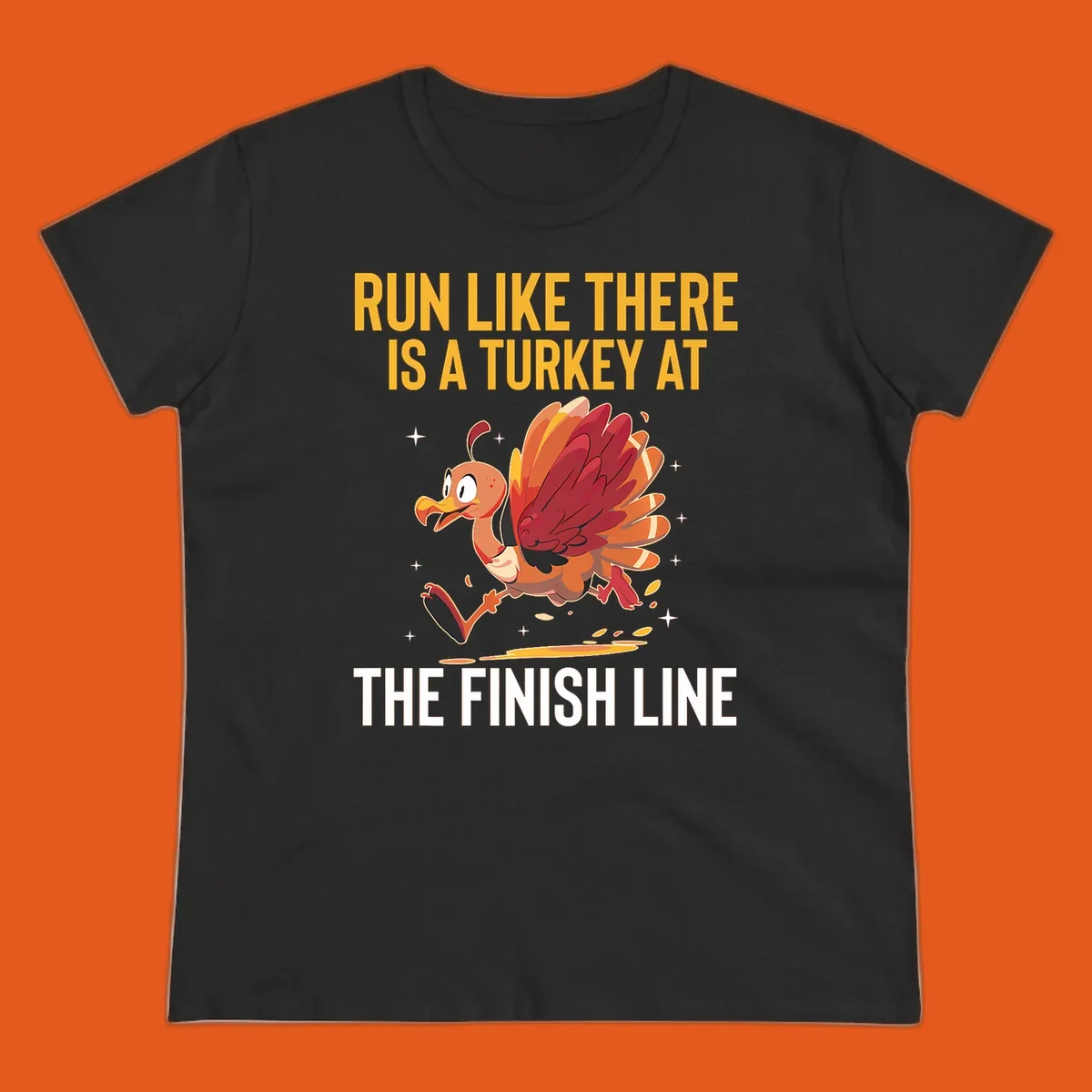 Illustration for a turkey trot run with a cartoon turkey and text that says 'Run Like There Is A Turkey At The Finish Line'.