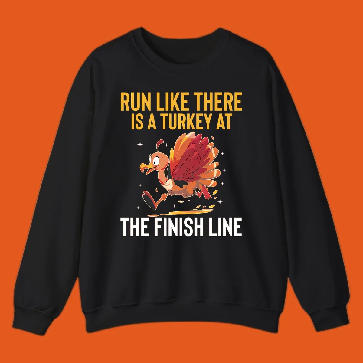 Illustration for a turkey trot run with a cartoon turkey and text that says 'Run Like There Is A Turkey At The Finish Line'.