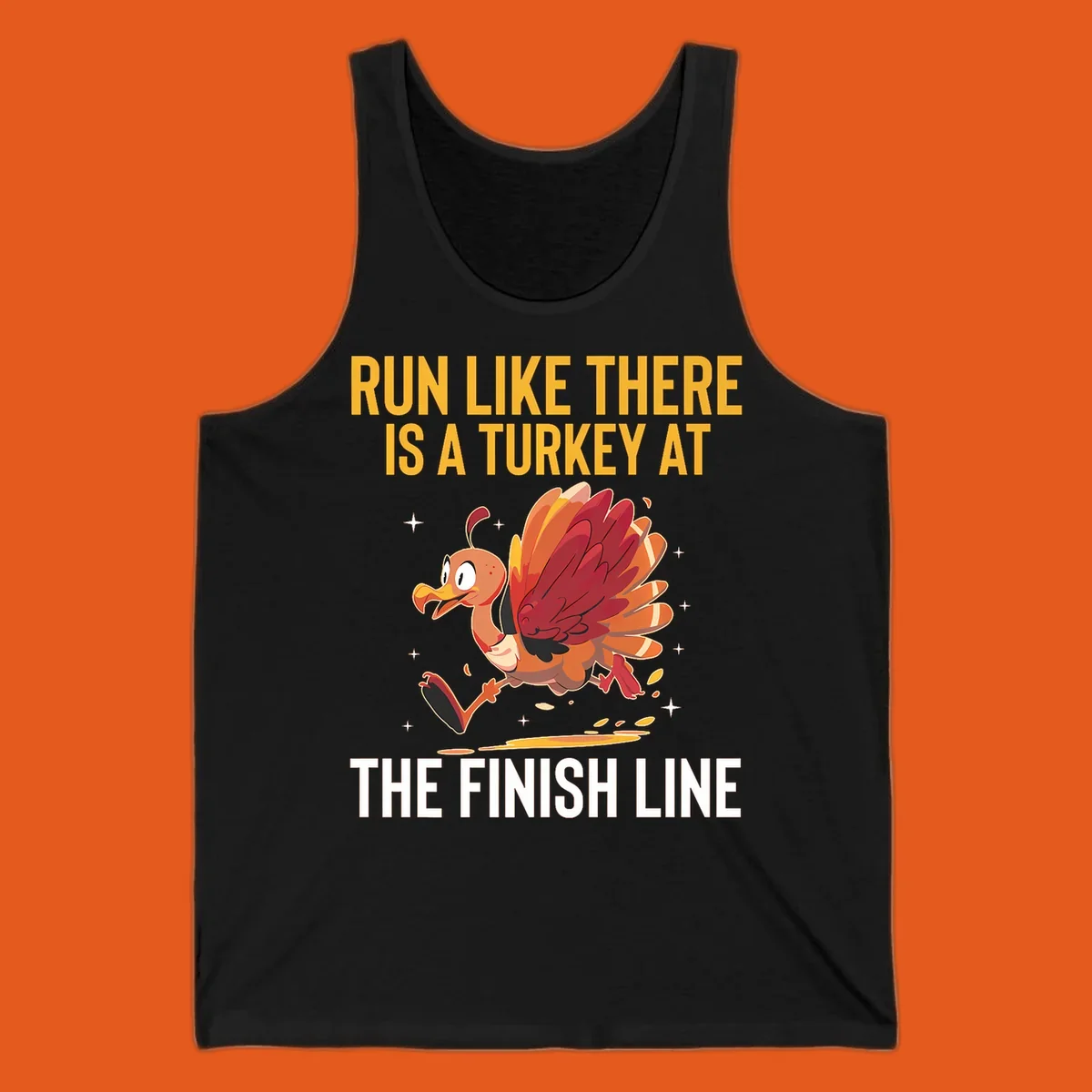 Illustration for a turkey trot run with a cartoon turkey and text that says 'Run Like There Is A Turkey At The Finish Line'.