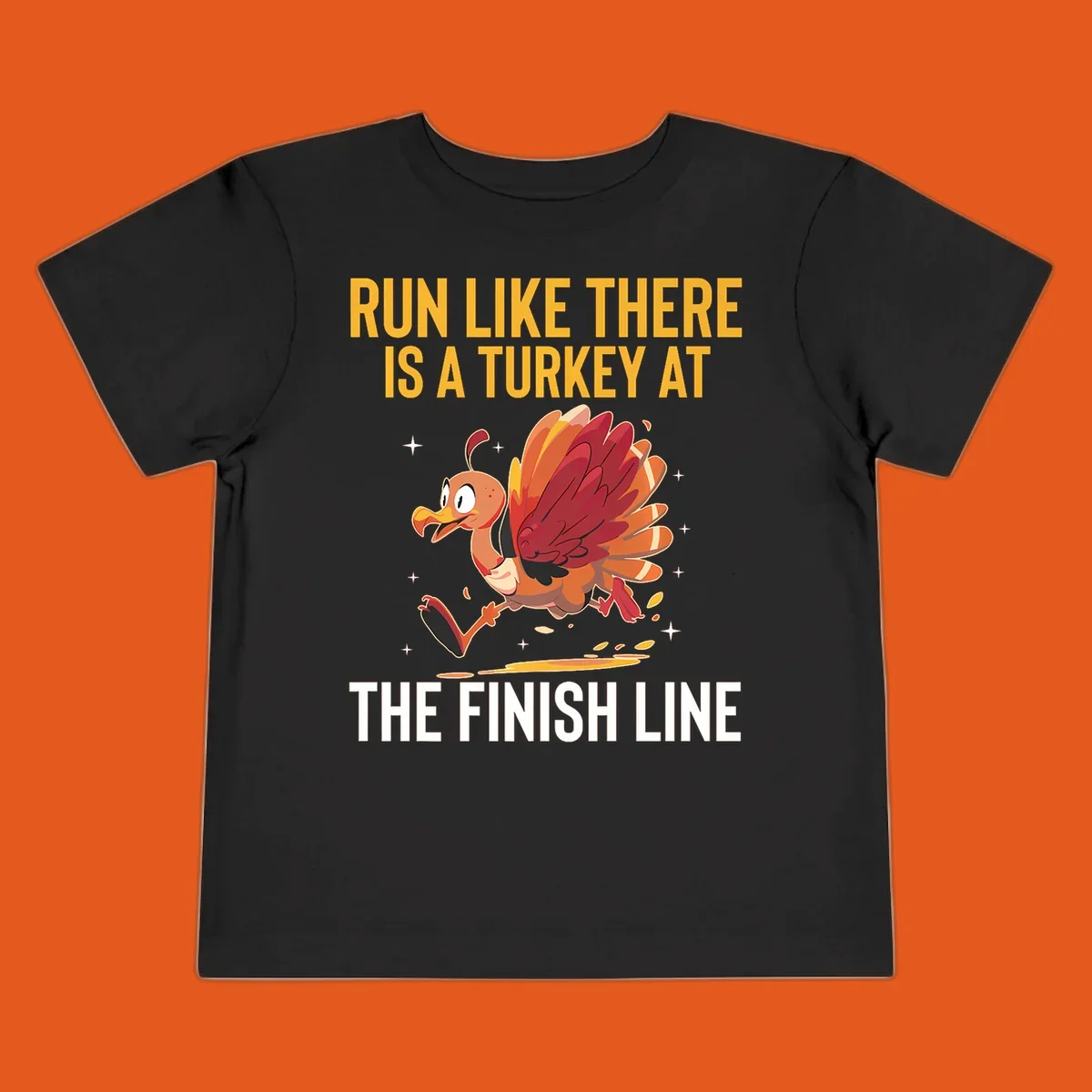 Illustration for a turkey trot run with a cartoon turkey and text that says 'Run Like There Is A Turkey At The Finish Line'.