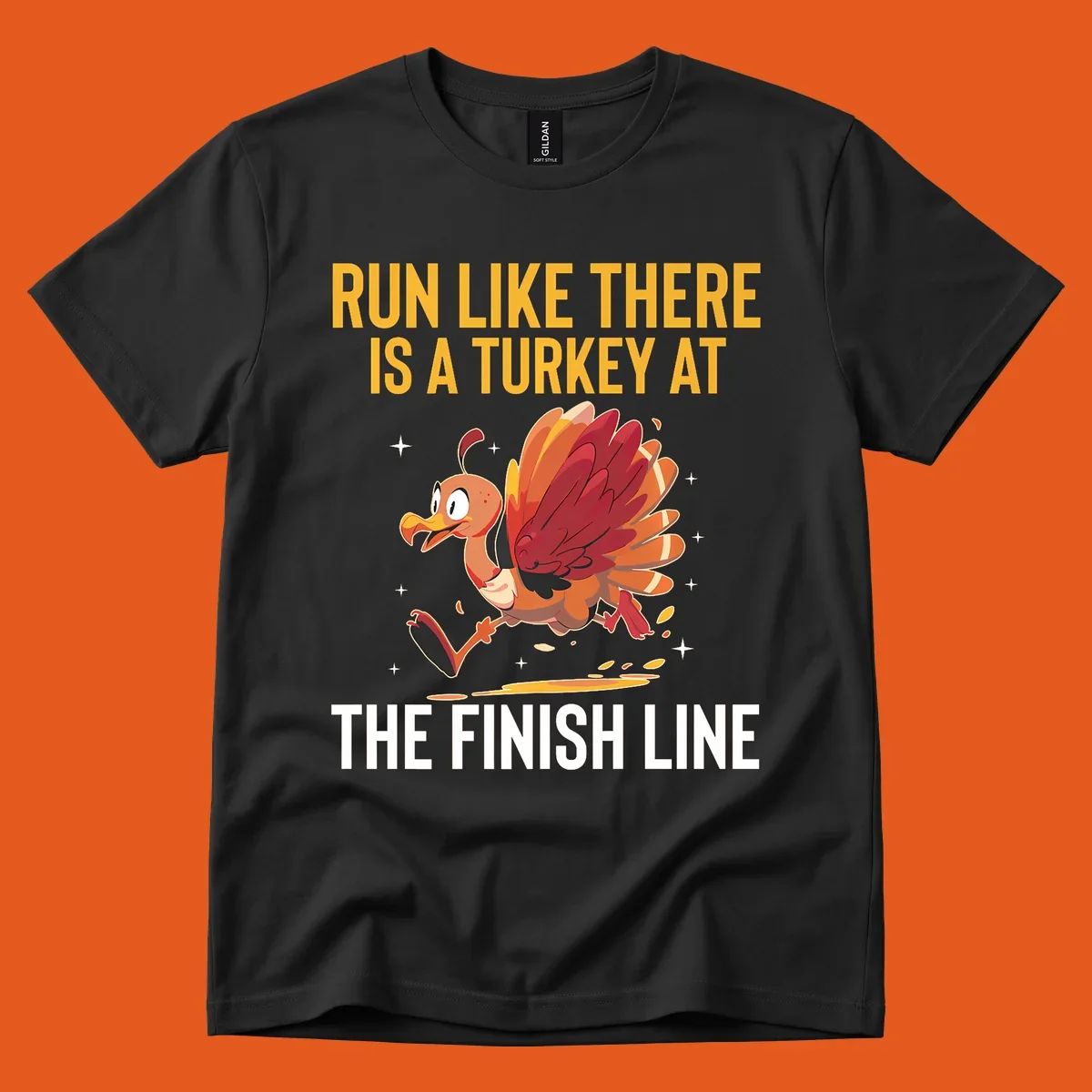 Illustration for a turkey trot run with a cartoon turkey and text that says 'Run Like There Is A Turkey At The Finish Line'.