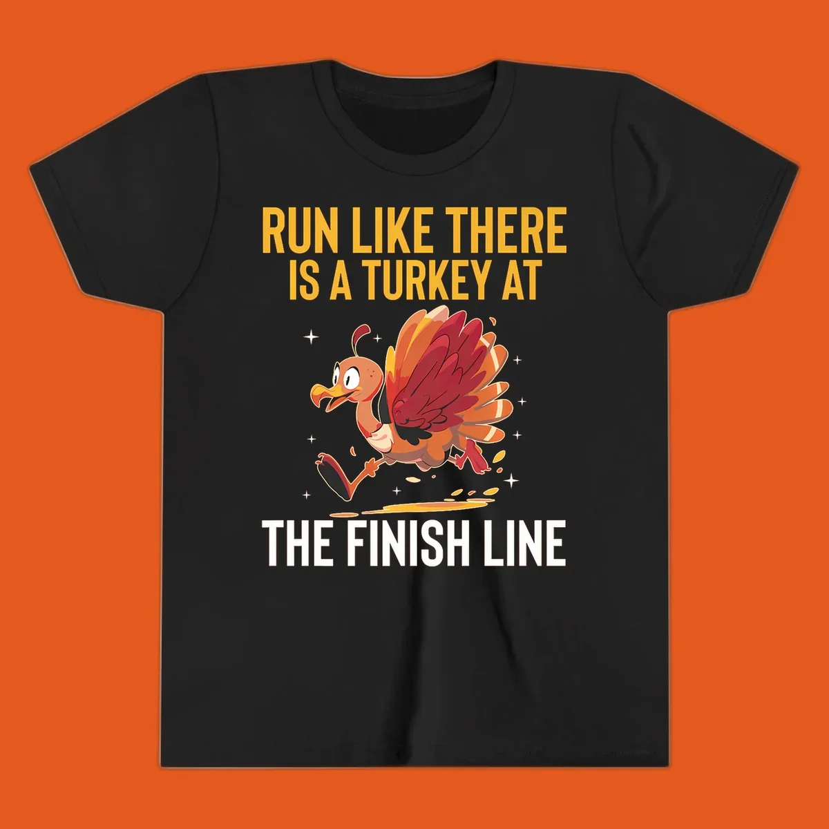 Illustration for a turkey trot run with a cartoon turkey and text that says 'Run Like There Is A Turkey At The Finish Line'.