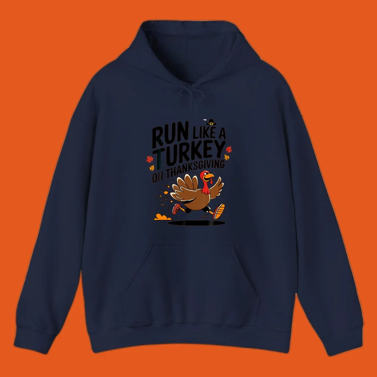Illustration of a running turkey with text 'Run Like A Turkey On Thanksgiving' for Turkey Trot race day.