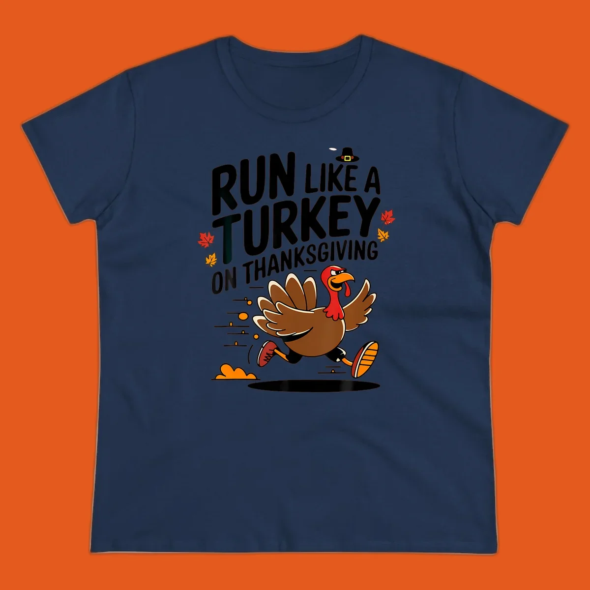 Illustration of a running turkey with text 'Run Like A Turkey On Thanksgiving' for Turkey Trot race day.