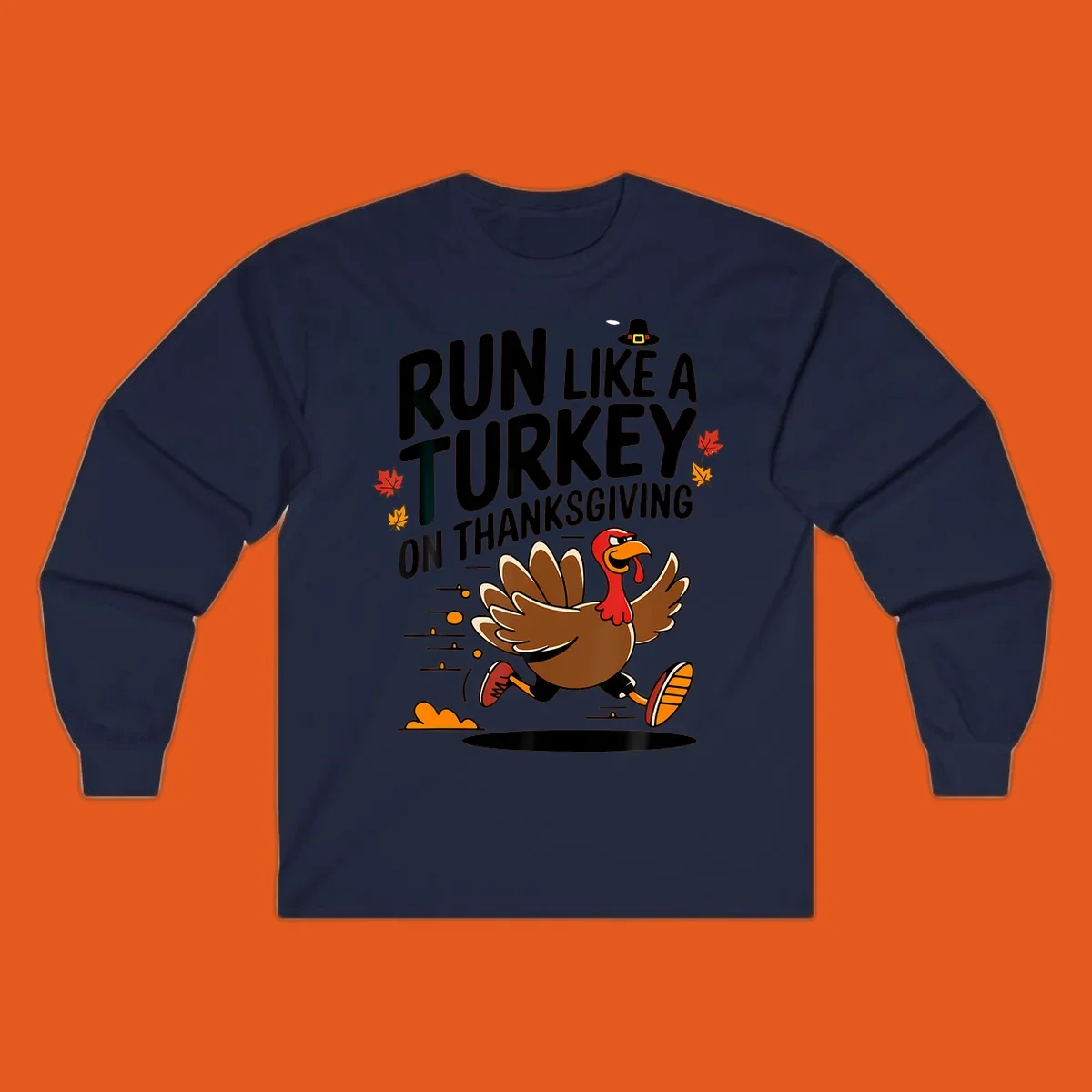 Illustration of a running turkey with text 'Run Like A Turkey On Thanksgiving' for Turkey Trot race day.