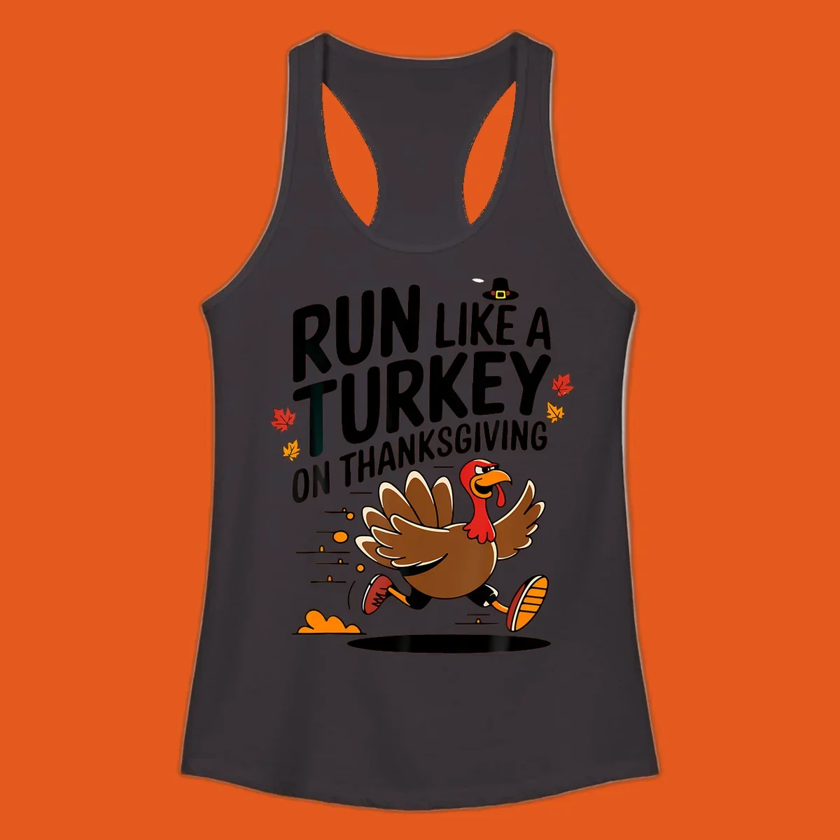 Illustration of a running turkey with text 'Run Like A Turkey On Thanksgiving' for Turkey Trot race day.