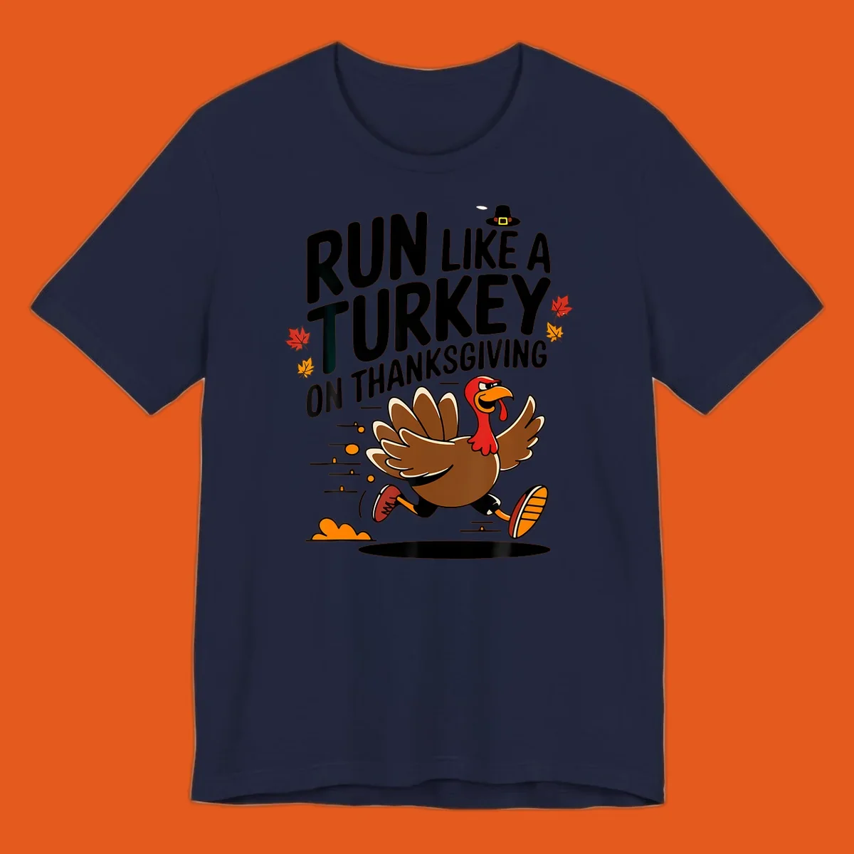 Illustration of a running turkey with text 'Run Like A Turkey On Thanksgiving' for Turkey Trot race day.