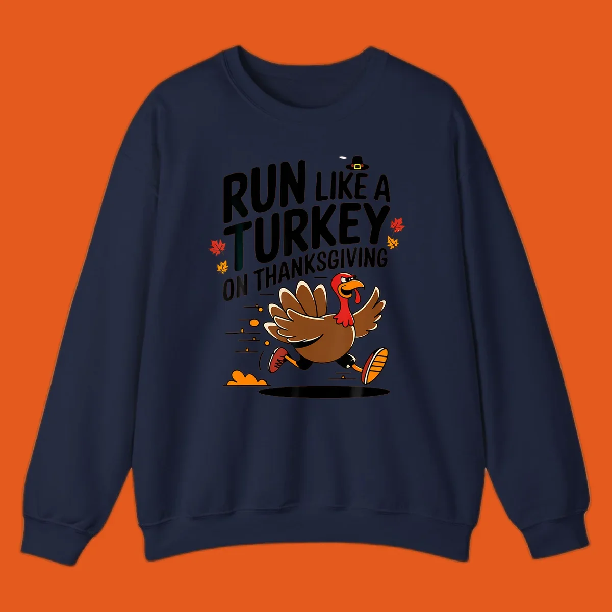 Illustration of a running turkey with text 'Run Like A Turkey On Thanksgiving' for Turkey Trot race day.