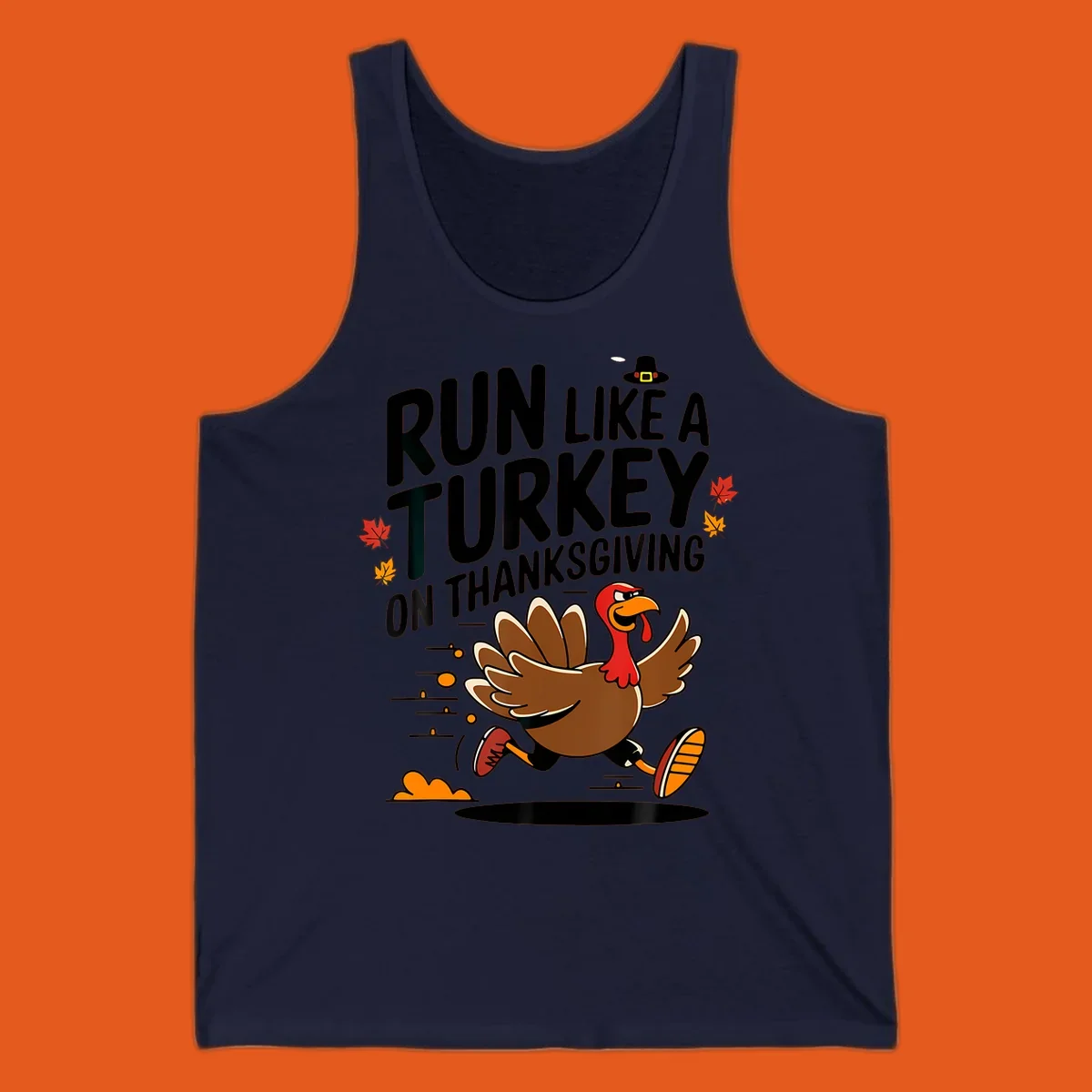 Illustration of a running turkey with text 'Run Like A Turkey On Thanksgiving' for Turkey Trot race day.