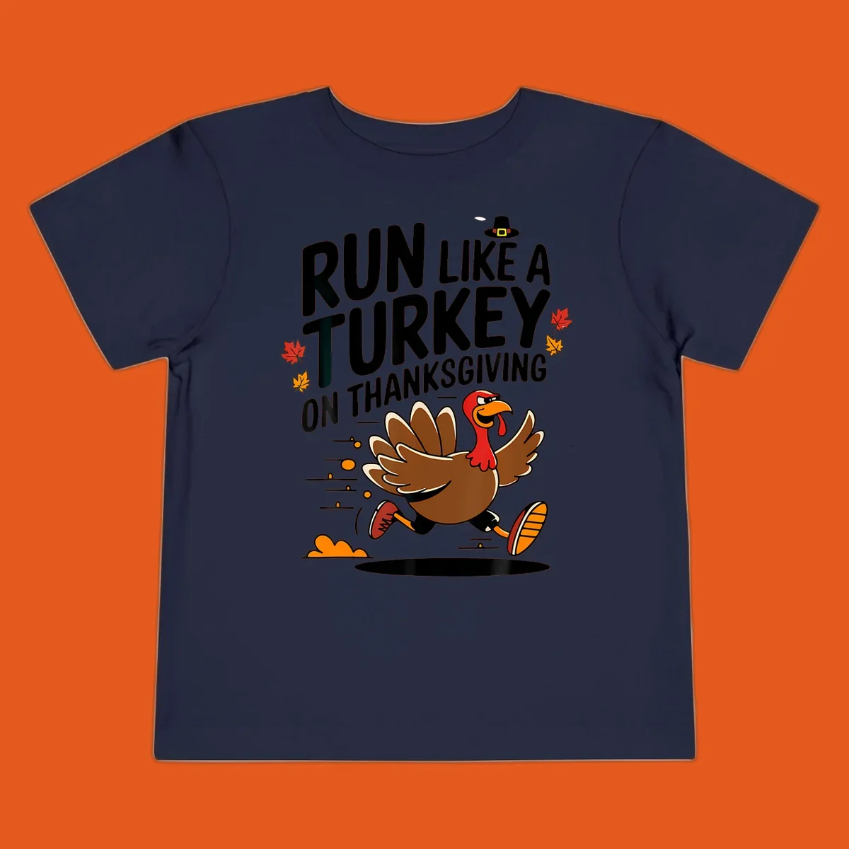 Illustration of a running turkey with text 'Run Like A Turkey On Thanksgiving' for Turkey Trot race day.