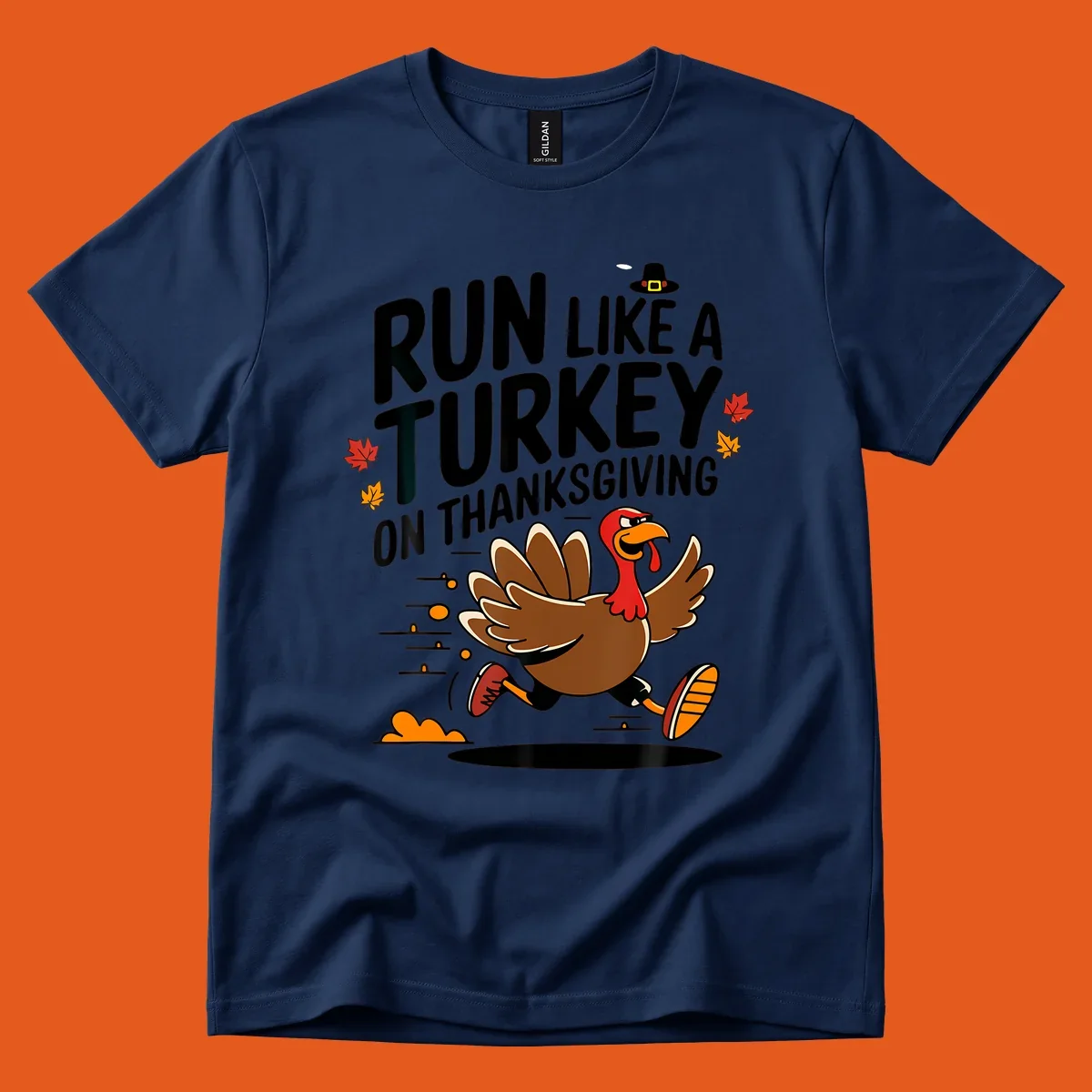 Illustration of a running turkey with text 'Run Like A Turkey On Thanksgiving' for Turkey Trot race day.