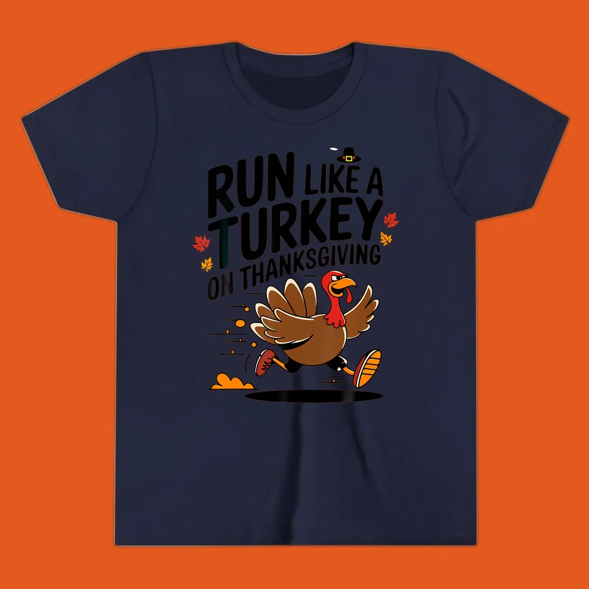 Illustration of a running turkey with text 'Run Like A Turkey On Thanksgiving' for Turkey Trot race day.