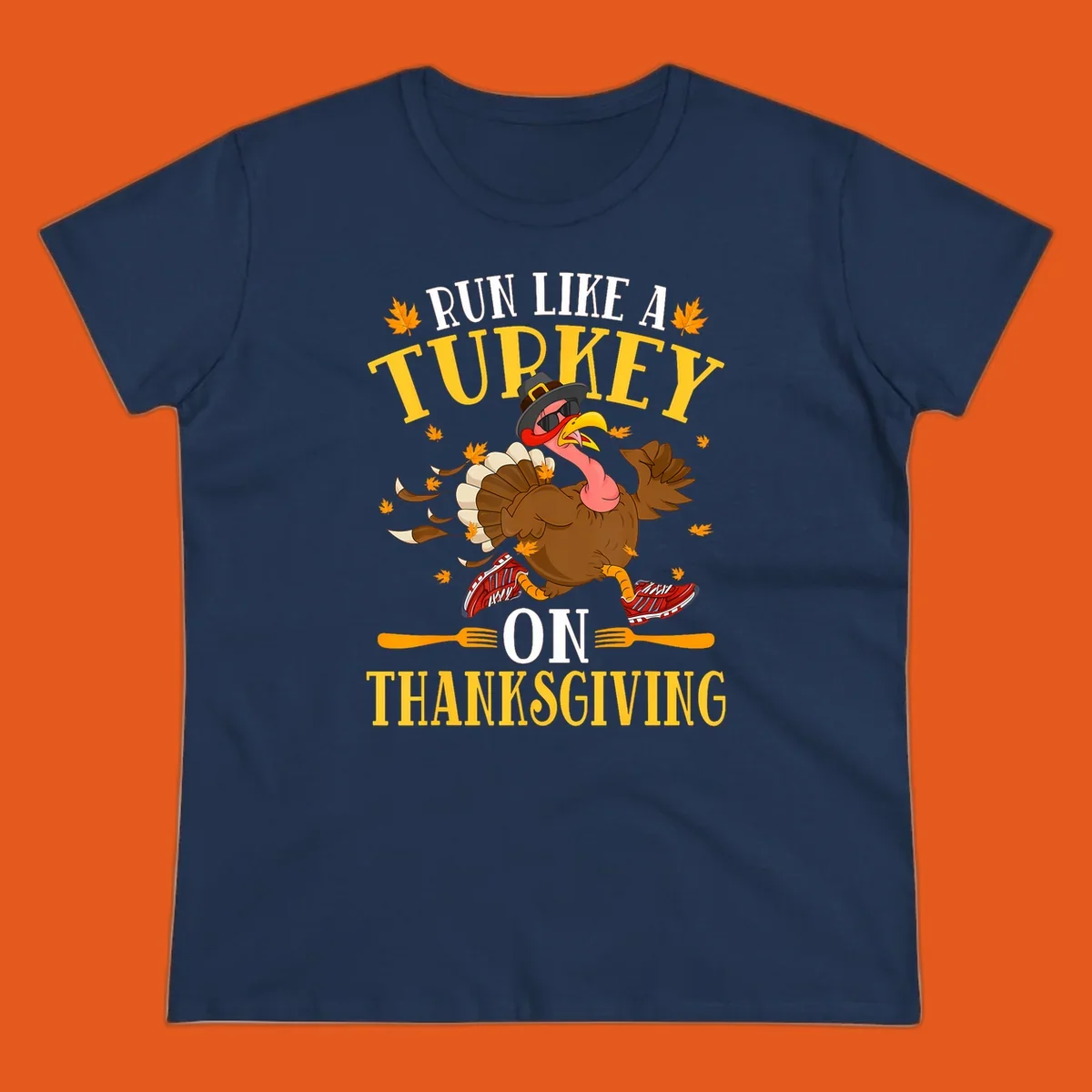 Illustration of a running turkey with text 'Run Like A Turkey On Thanksgiving'.
