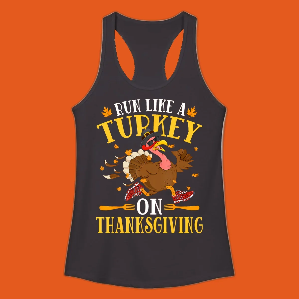 Illustration of a running turkey with text 'Run Like A Turkey On Thanksgiving'.