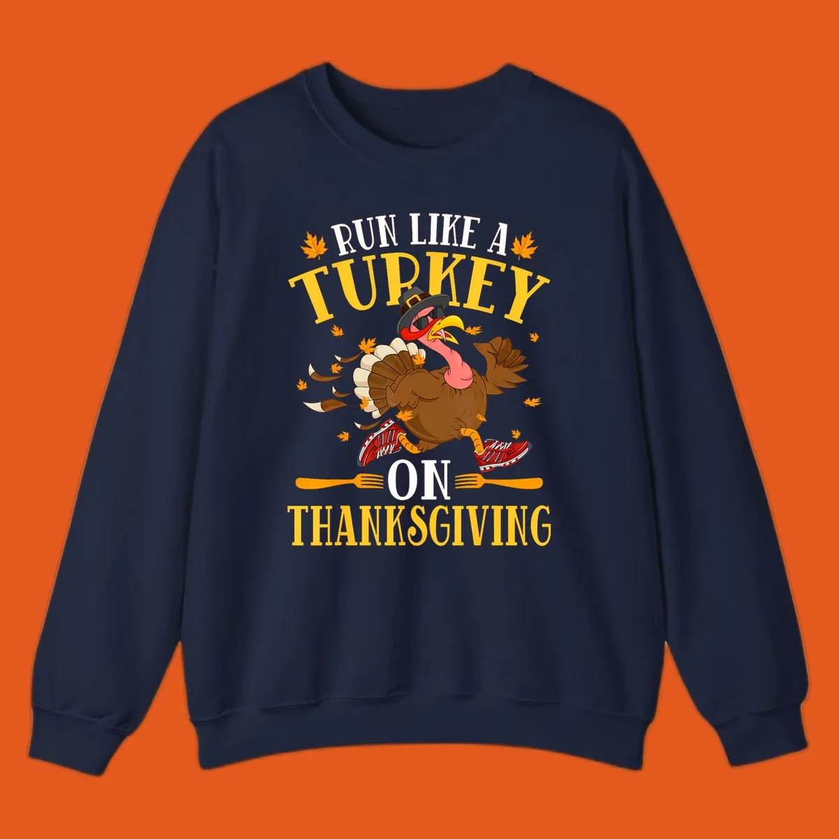 Illustration of a running turkey with text 'Run Like A Turkey On Thanksgiving'.