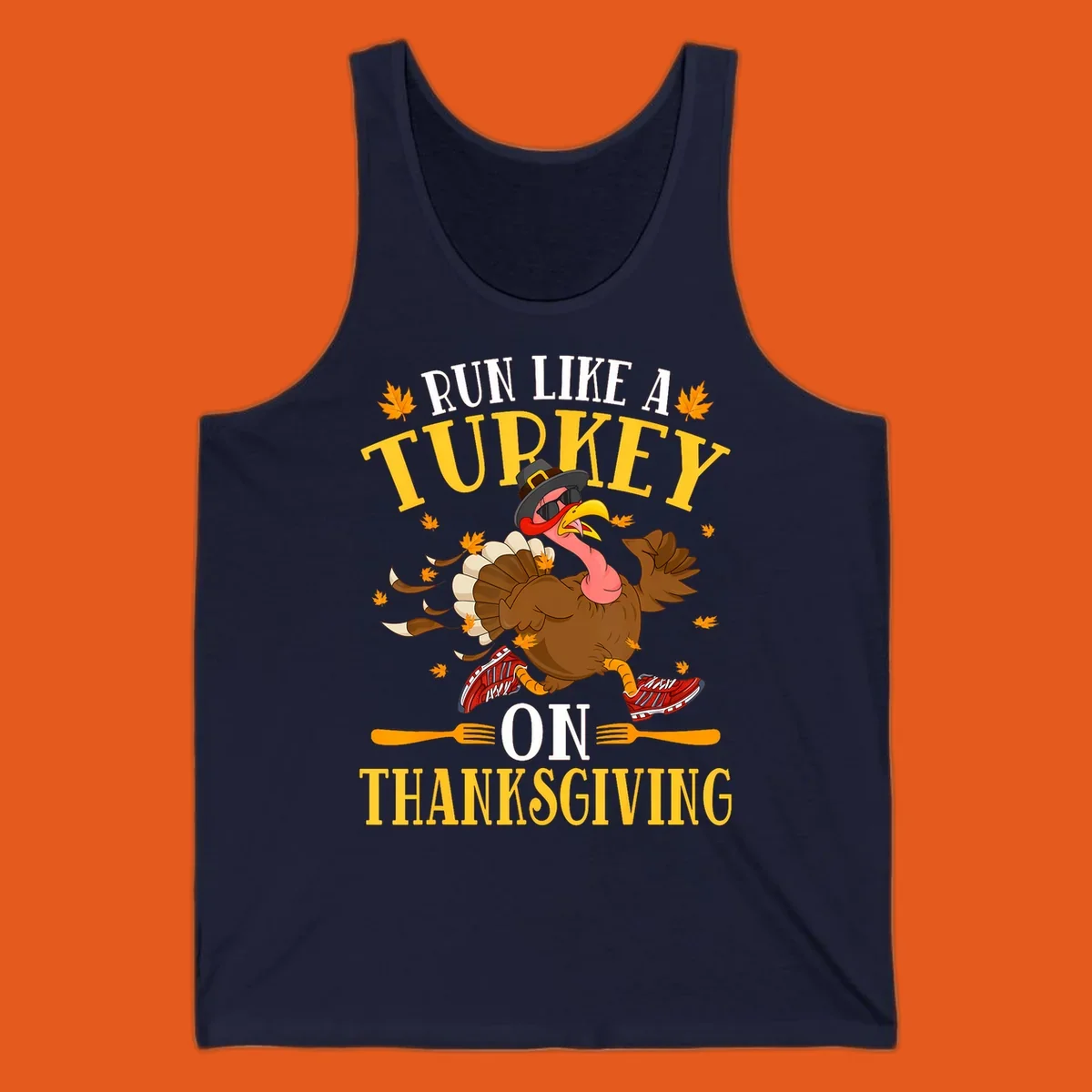 Illustration of a running turkey with text 'Run Like A Turkey On Thanksgiving'.
