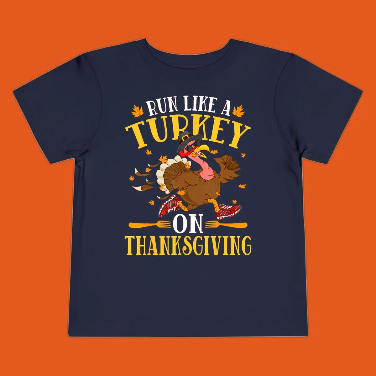 Illustration of a running turkey with text 'Run Like A Turkey On Thanksgiving'.