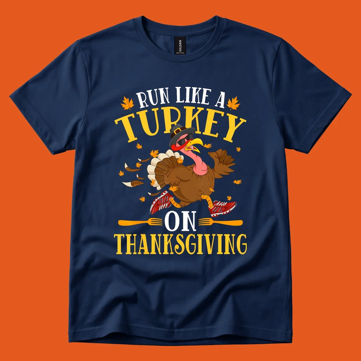 Illustration of a running turkey with text 'Run Like A Turkey On Thanksgiving'.