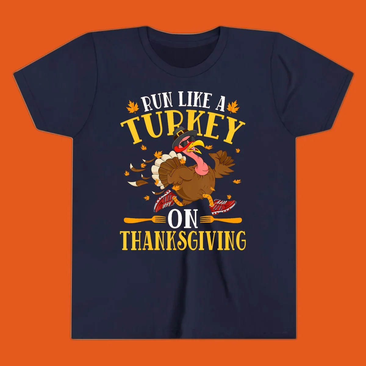 Illustration of a running turkey with text 'Run Like A Turkey On Thanksgiving'.
