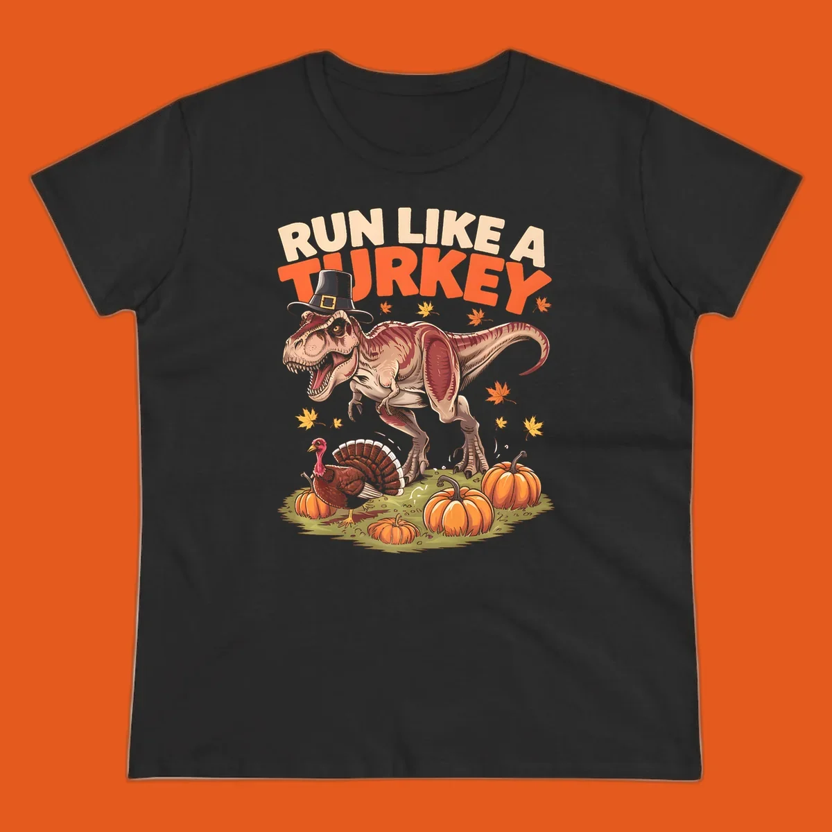 Run Like A Turkey Dinosaur T-Rex with pilgrim hat, turkey, and pumpkins illustration for Thanksgiving.