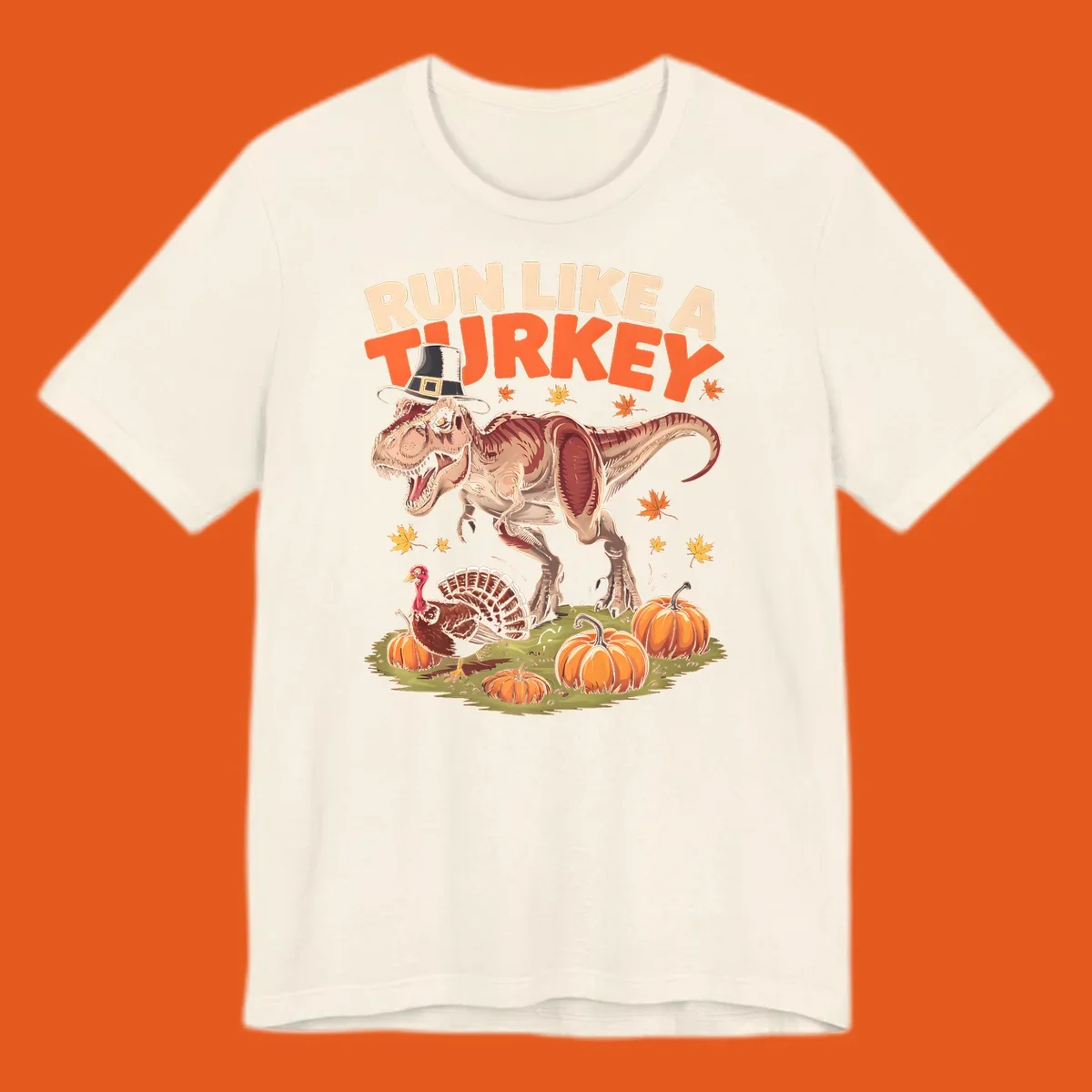 Run Like A Turkey Dinosaur T-Rex with pilgrim hat, turkey, and pumpkins illustration for Thanksgiving.