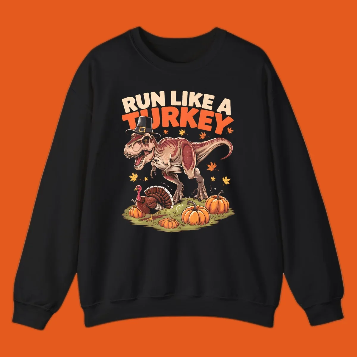 Run Like A Turkey Dinosaur T-Rex with pilgrim hat, turkey, and pumpkins illustration for Thanksgiving.