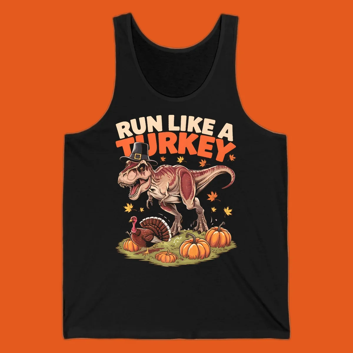 Run Like A Turkey Dinosaur T-Rex with pilgrim hat, turkey, and pumpkins illustration for Thanksgiving.