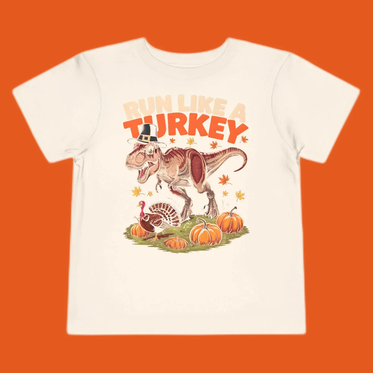 Run Like A Turkey Dinosaur T-Rex with pilgrim hat, turkey, and pumpkins illustration for Thanksgiving.