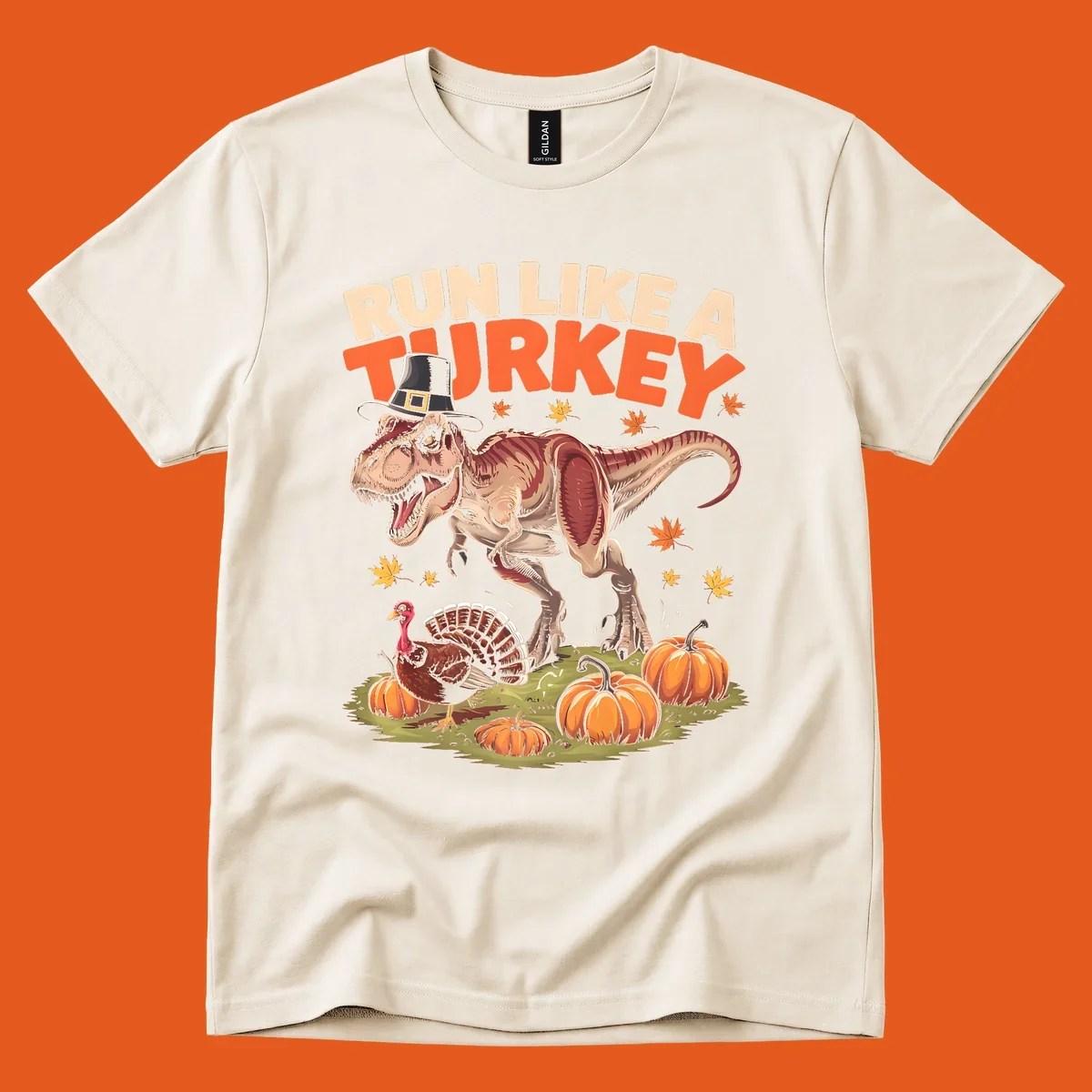 Run Like A Turkey Dinosaur T-Rex with pilgrim hat, turkey, and pumpkins illustration for Thanksgiving.