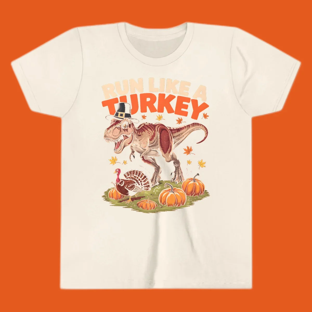 Run Like A Turkey Dinosaur T-Rex with pilgrim hat, turkey, and pumpkins illustration for Thanksgiving.