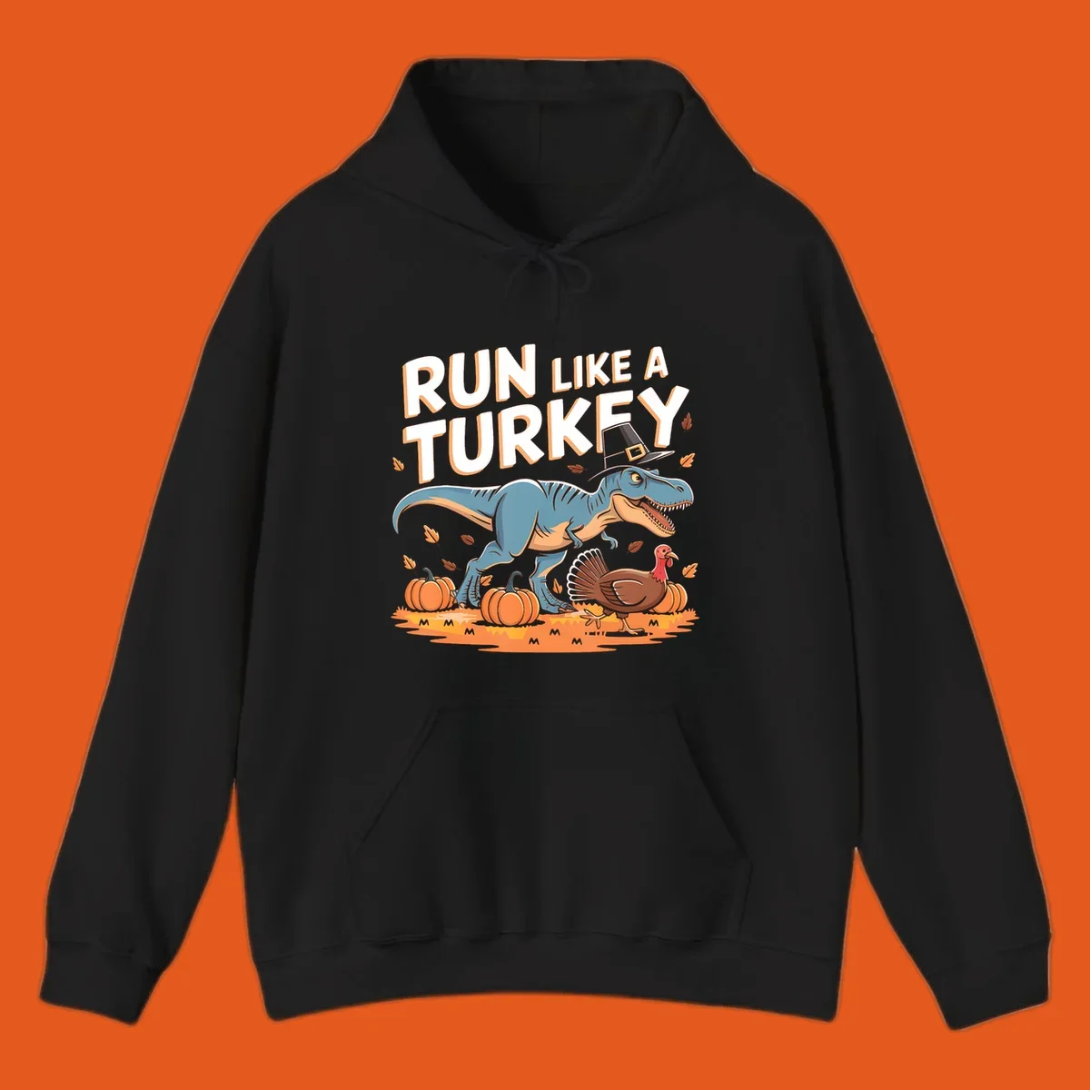 Run like a turkey dinosaur design with T-Rex, turkey, pumpkins and text.