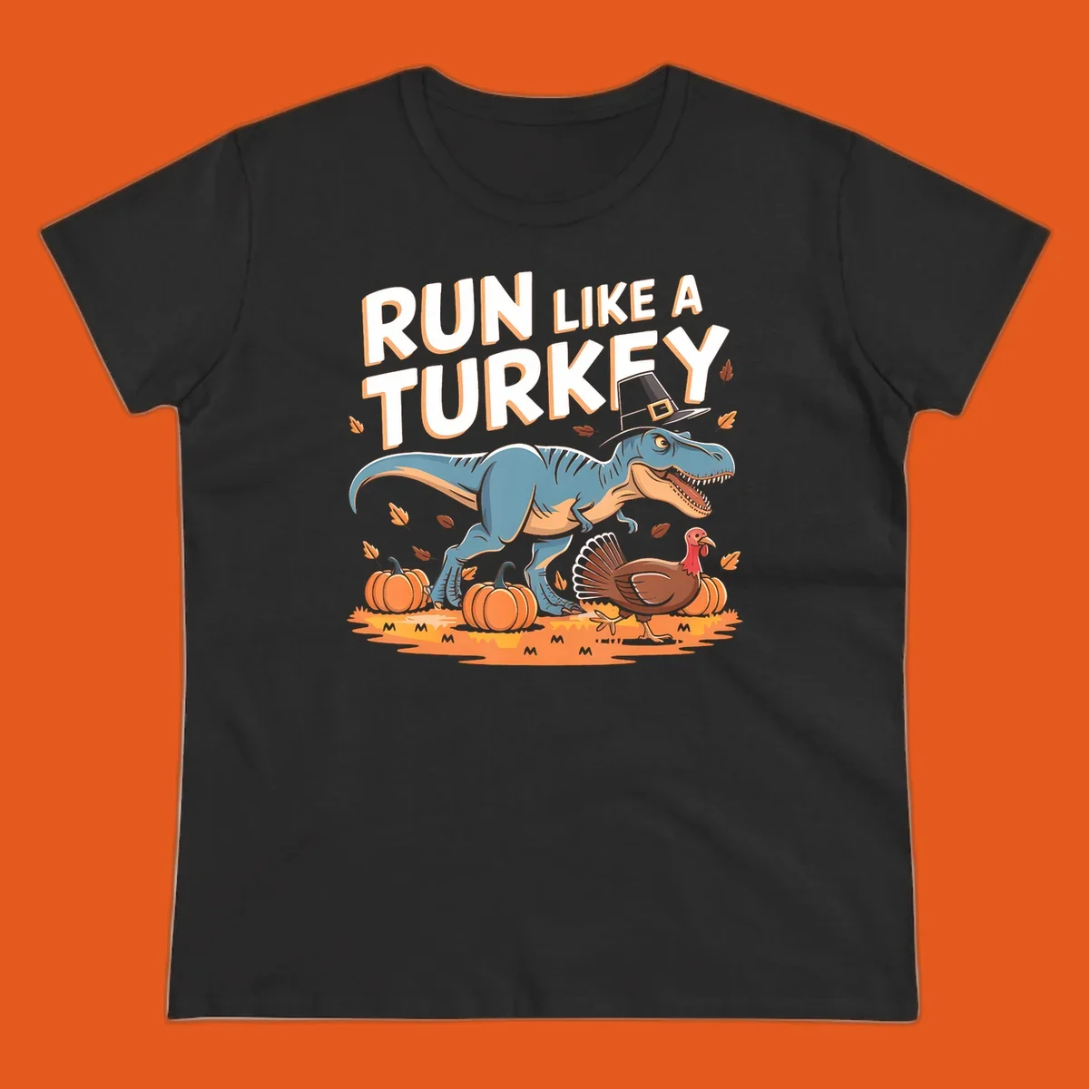 Run like a turkey dinosaur design with T-Rex, turkey, pumpkins and text.