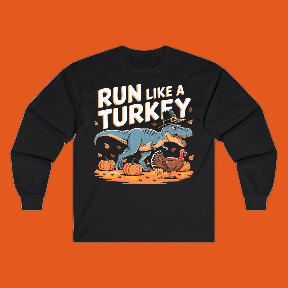 Run like a turkey dinosaur design with T-Rex, turkey, pumpkins and text.