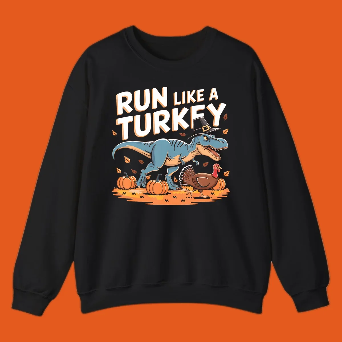 Run like a turkey dinosaur design with T-Rex, turkey, pumpkins and text.