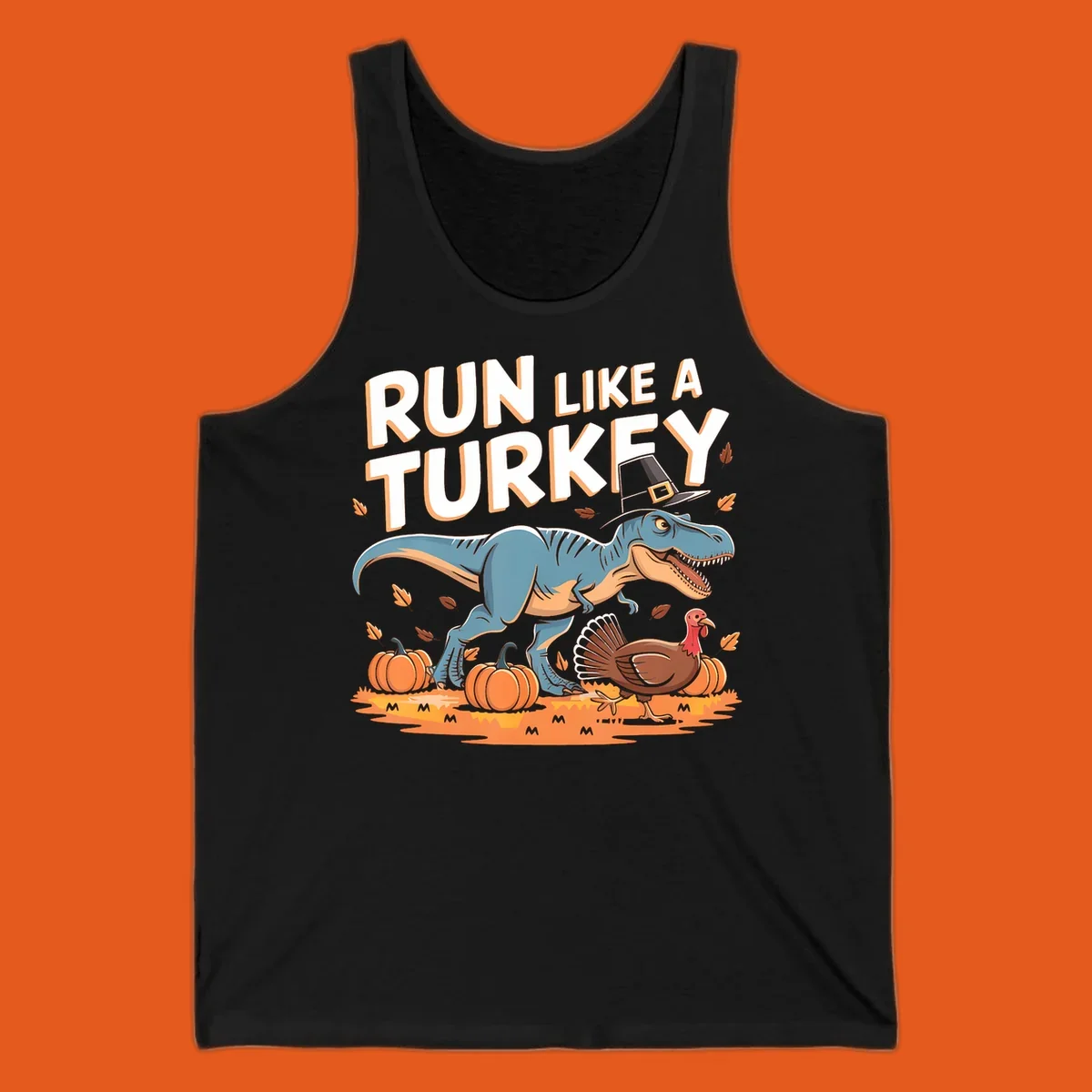 Run like a turkey dinosaur design with T-Rex, turkey, pumpkins and text.