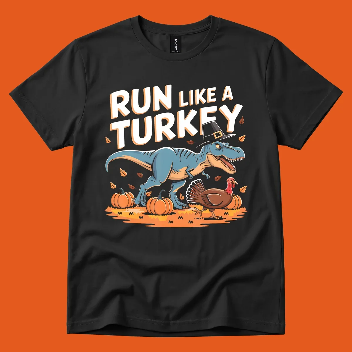 Run like a turkey dinosaur design with T-Rex, turkey, pumpkins and text.