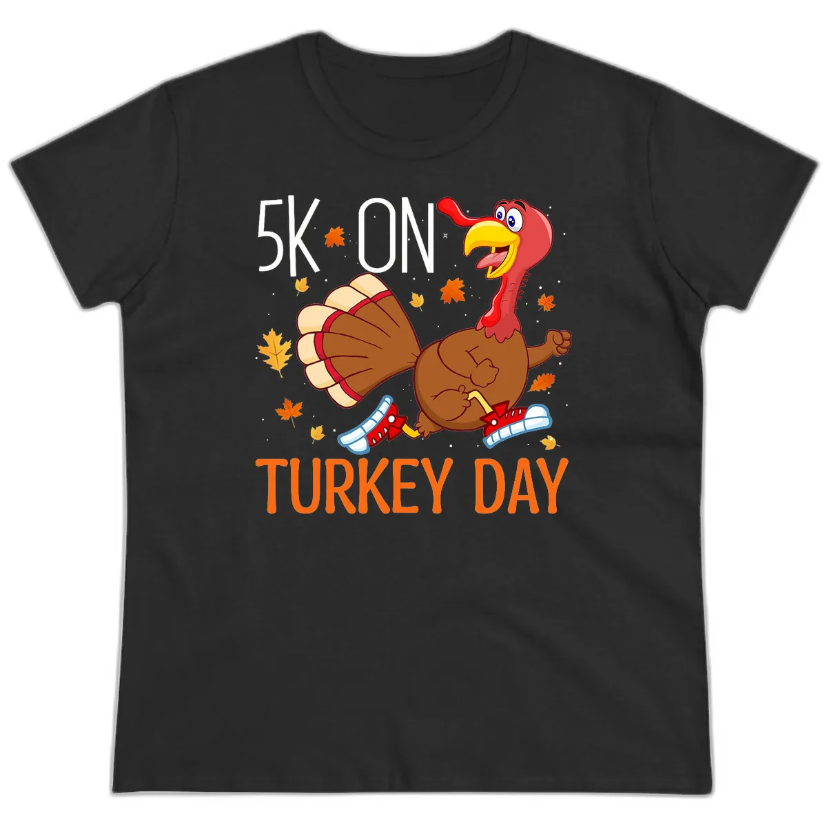 5k On Turkey Day Running Turkey Ladies Tee in Black