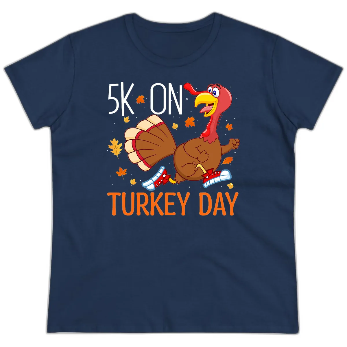 5k On Turkey Day Running Turkey Ladies Tee in Navy