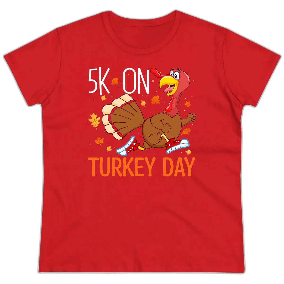 5k On Turkey Day Running Turkey Ladies Tee in Red