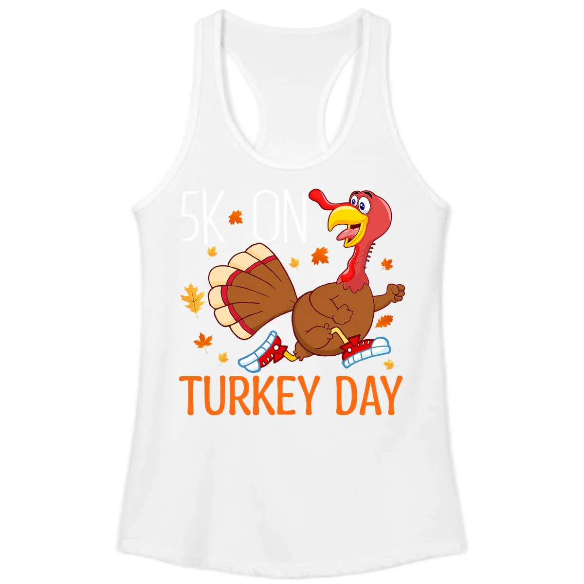 5k On Turkey Day Running Turkey Ladies Tank in White