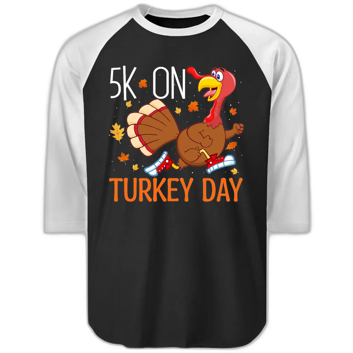 5k On Turkey Day Running Turkey Raglan 3/4 in Black White