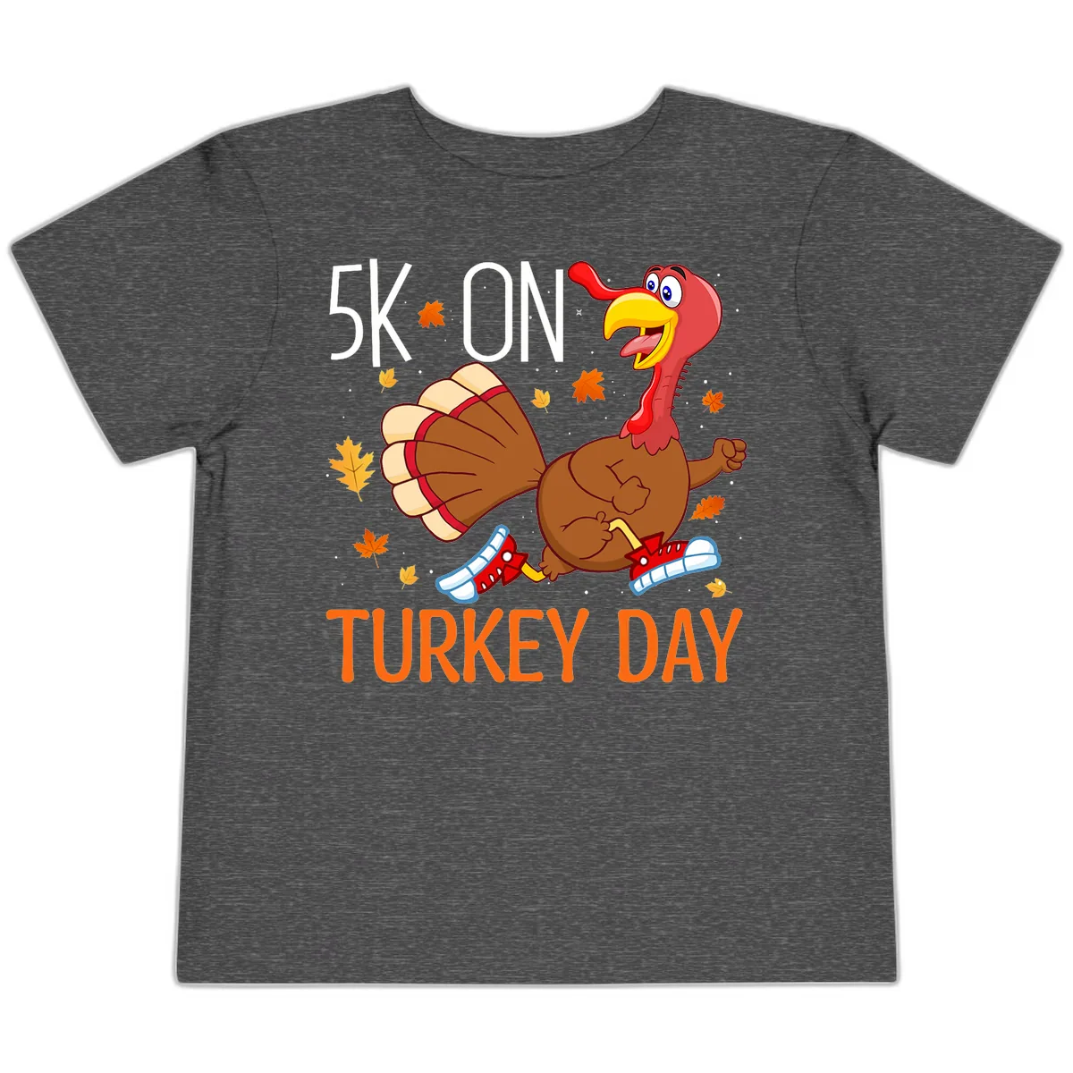 5k On Turkey Day Running Turkey Toddler T-Shirt in Dark Heather Grey