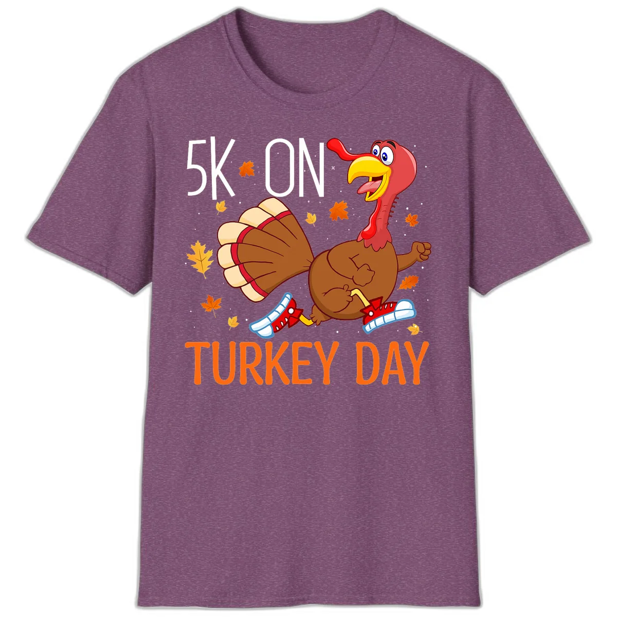 5k On Turkey Day Running Turkey T-Shirt in Heather Maroon