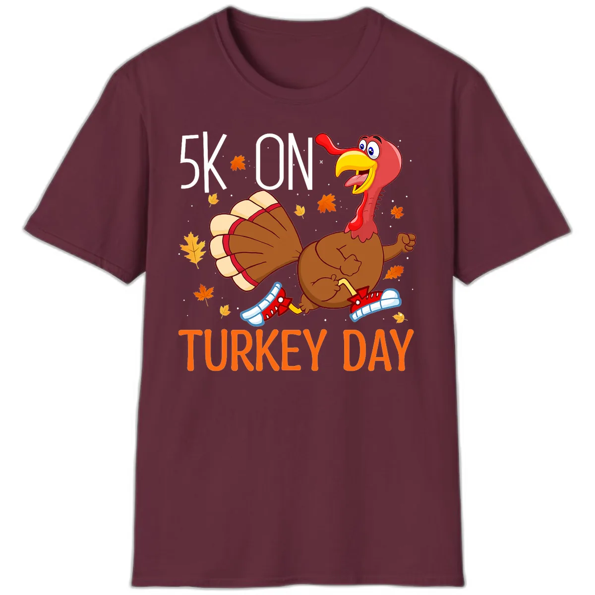 5k On Turkey Day Running Turkey T-Shirt in Maroon